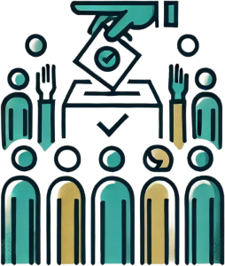 Icône représentant une main insérant un bulletin de vote dans une urne, entourée de figures humaines levant la main, symbolisant la participation démocratique, le vote et l'engagement citoyen. Icône représentant une main insérant un bulletin de vote dans une urne, entourée de figures humaines levant la main, symbolisant la participation démocratique, le vote et l'engagement citoyen.