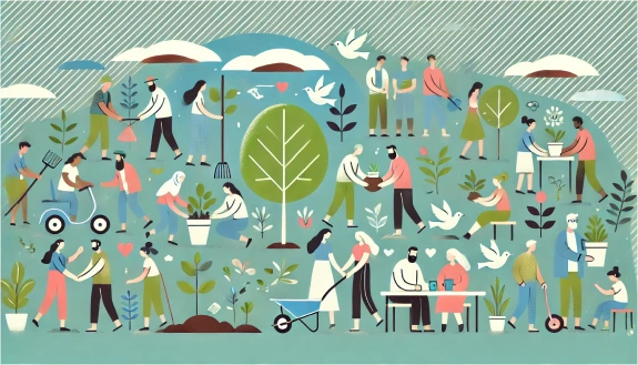 Illustration de personnes de divers horizons unies pour le bien commun, participant à des activités simples comme planter des arbres, partager de la nourriture et interagir avec bienveillance, symbolisant la solidarité et l'engagement communautaire Illustration de personnes de divers horizons unies pour le bien commun, participant à des activités simples comme planter des arbres, partager de la nourriture et interagir avec bienveillance, symbolisant la solidarité et l'engagement communautaire