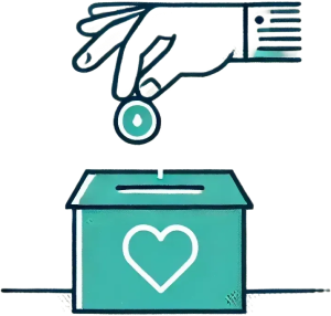 Icône d'une main déposant une pièce dans une boîte de don ornée d'un cœur, symbolisant la générosité, le soutien aux causes sociales et l'engagement dans les actions caritatives. Icône d'une main déposant une pièce dans une boîte de don ornée d'un cœur, symbolisant la générosité, le soutien aux causes sociales et l'engagement dans les actions caritatives.